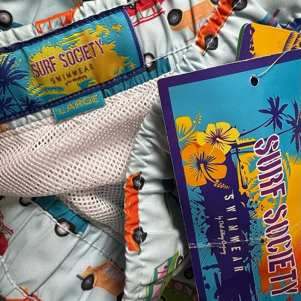 Surf Society Men’s Size Large Retro Cars Swim Trunks Board Shorts